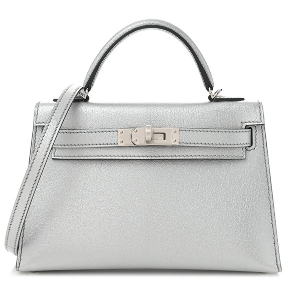 Hermes Mini Kelly 20 Sellier Metallic Silver Argent Chevre Chamkilight Palladium - Picture 1 of 16